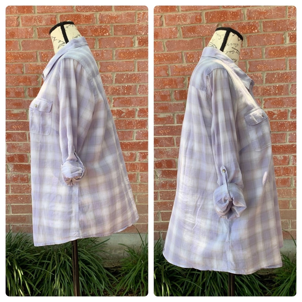 Eddie Bauer Plaid Button Down Top Roll Tab Sleeve Purple size large - Picture 2 of 5